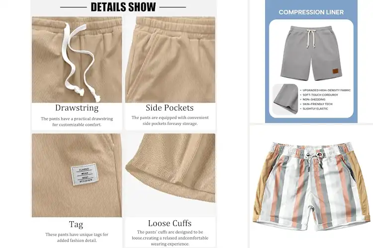 Detailed view of Best Beach Shorts Men’s Corduroy Elastic Waist Pockets